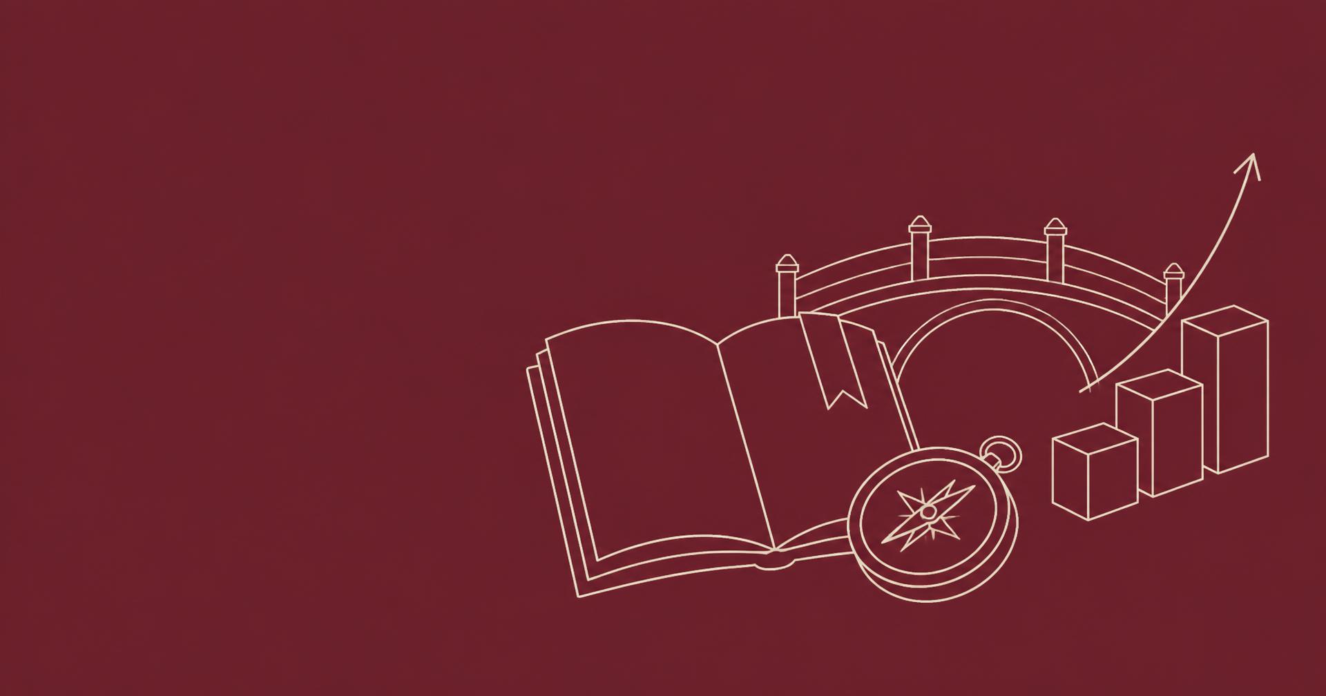 Lijntekening van een open beleidsdocument, een kompas en een brug